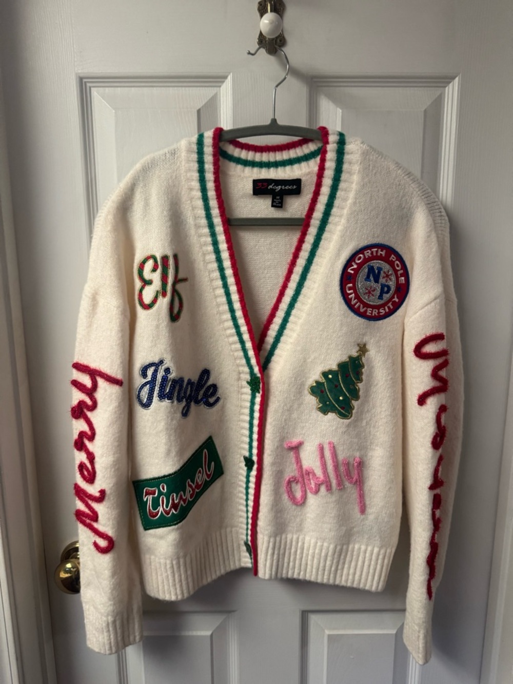 33 Degrees Cream Holiday Patch Cardigan with Red and Green Trim